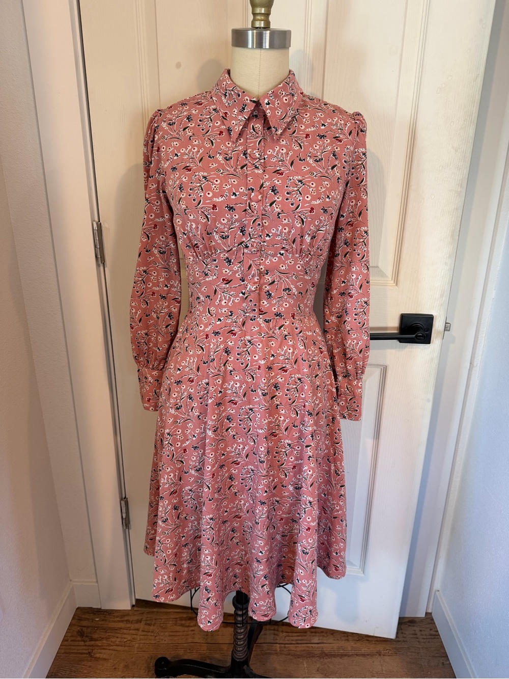 Pink Floral Button-Front Long Sleeve Dress